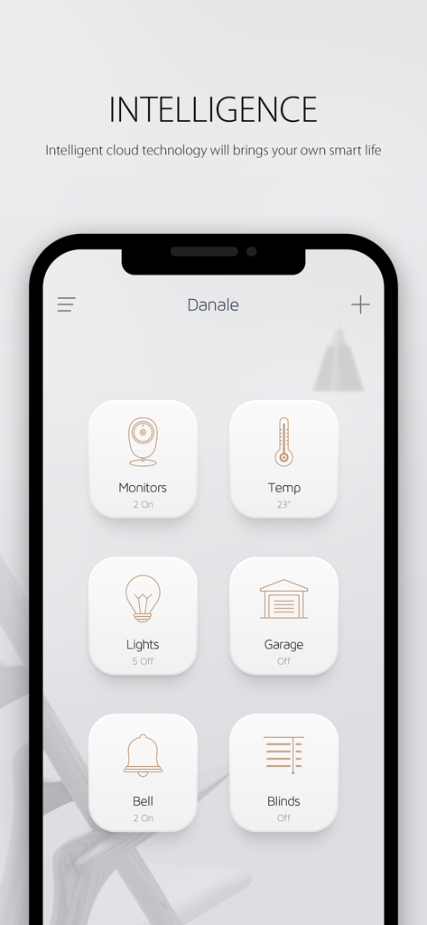 Danale IoT - Danale IoT mobile app interface showing smart home control tiles for cameras, temperature, lights, garage, bell, and blinds