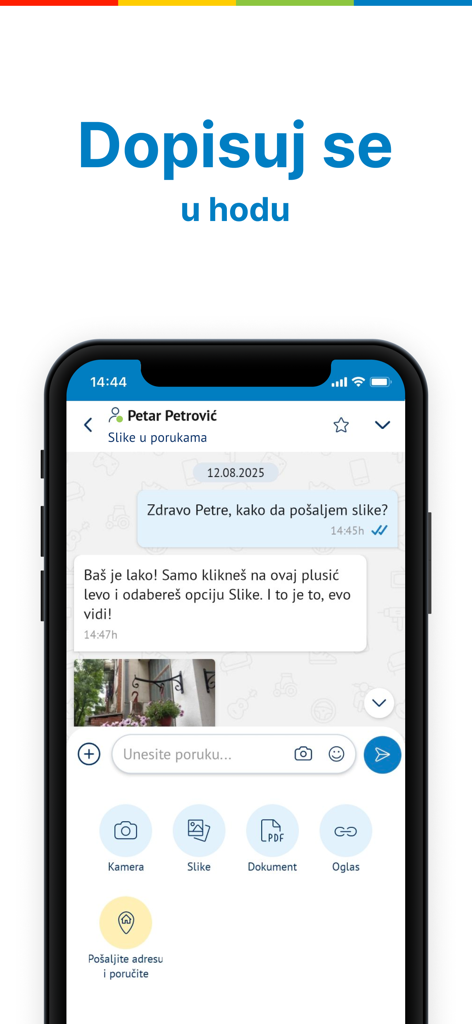 In-app messaging screen of KupujemProdajem showing a chat between a buyer and seller with options to send photos and documents.