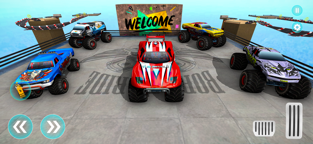 Monster Truck Stunt Car Game - Cinco monster trucks coloridos, incluyendo el misil y el cometa, estacionados en una plataforma de arena de acrobacias con mega rampas al fondo