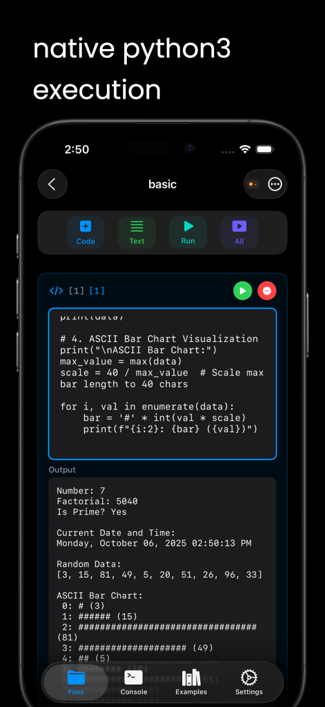 Aplicativo JuCode exibindo código Python 3 nativo e saída de execução em um dispositivo móvel