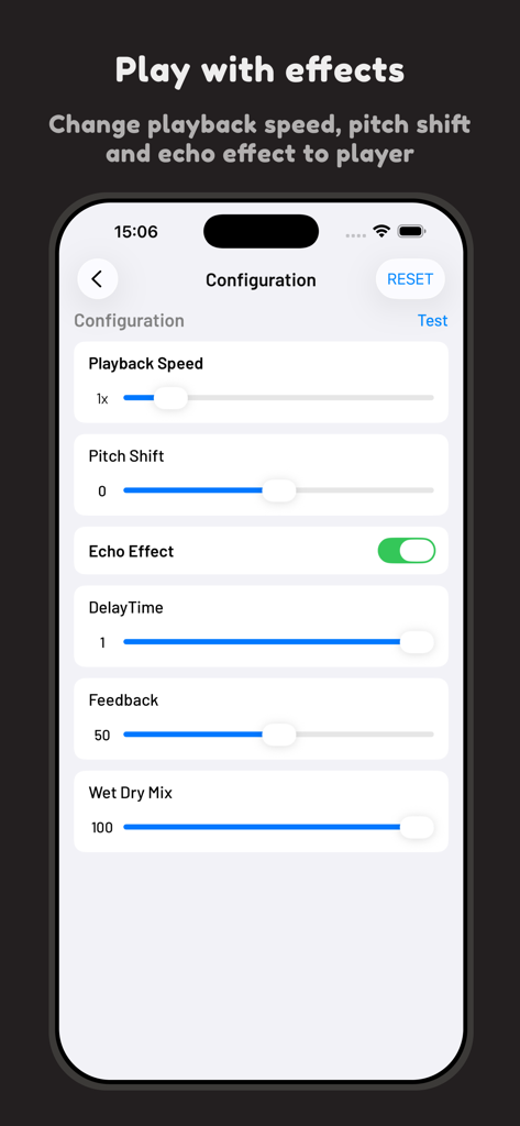 Audio Reverse - Tela de configuração do aplicativo Áudio Reverso mostrando controles deslizantes para velocidade de reprodução, alteração de tom e efeitos de eco