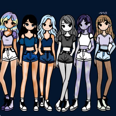 a group of girls wearing crop tops and shorts