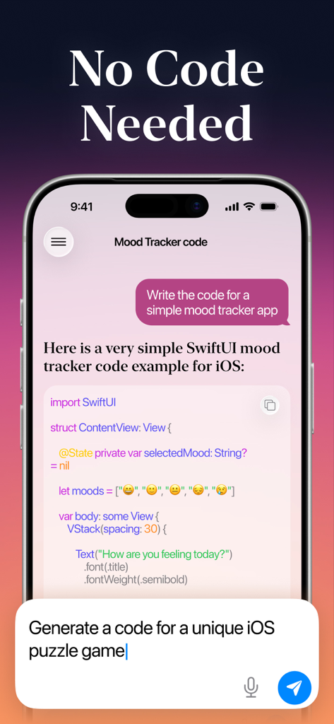 Lovable AI App Builder Pro - iPhone screen displaying AI generating SwiftUI code for a mood tracker app under the heading No Code Needed
