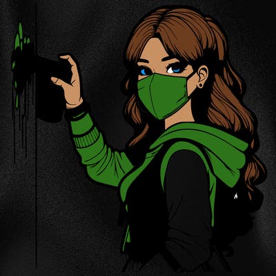 realistic girl with mask spray painting a wall