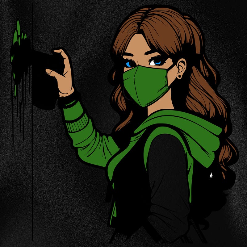 realistic girl with mask spray painting a wall