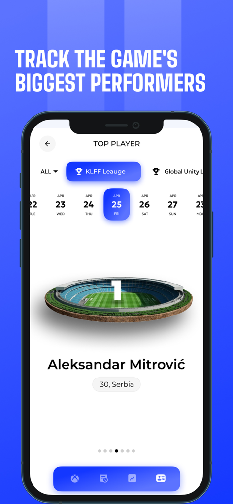 Interfaz de la aplicación móvil que muestra las clasificaciones y estadísticas de los mejores futbolistas