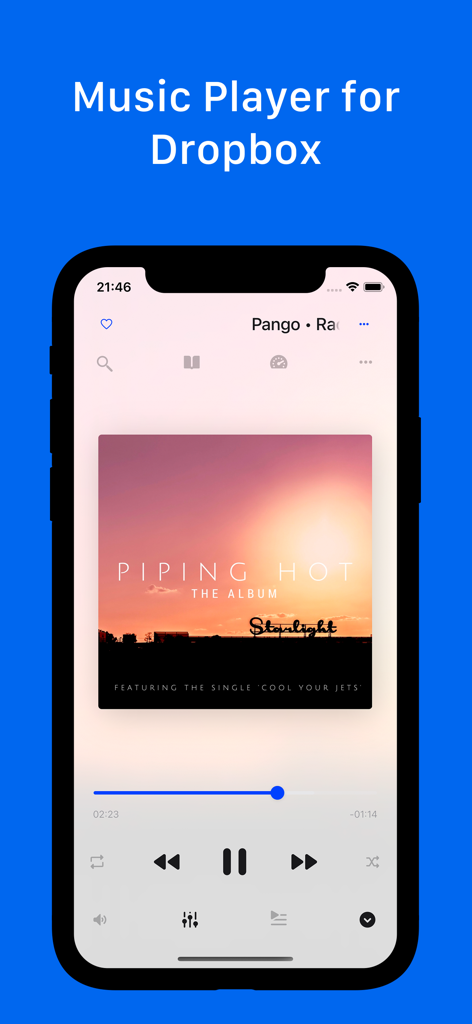 Schermata di riproduzione dell'app Musicbox che mostra la copertina dell'album e i controlli audio su iPhone