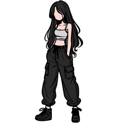 girl in baggy pants crop top and long hair