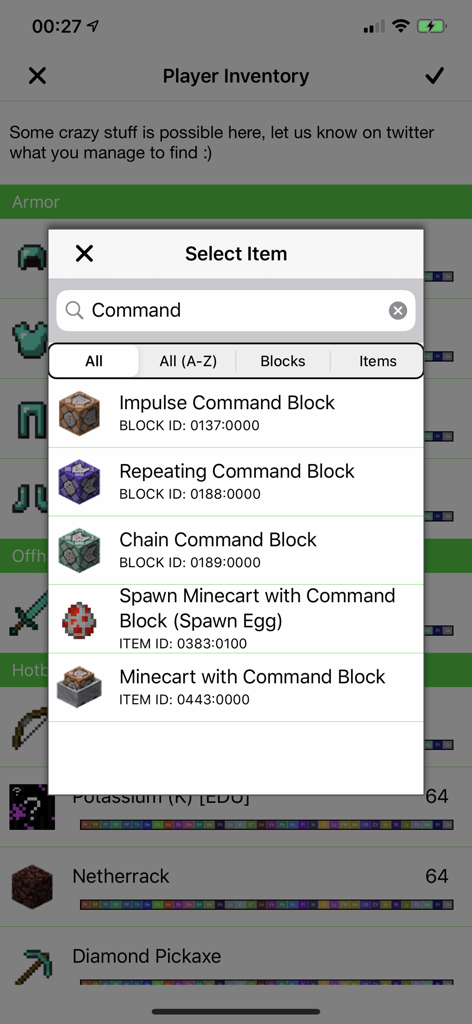 Plug Toolbox for Minecraft - Plug Toolbox for Minecraft player inventory editor showing a list of command blocks to select