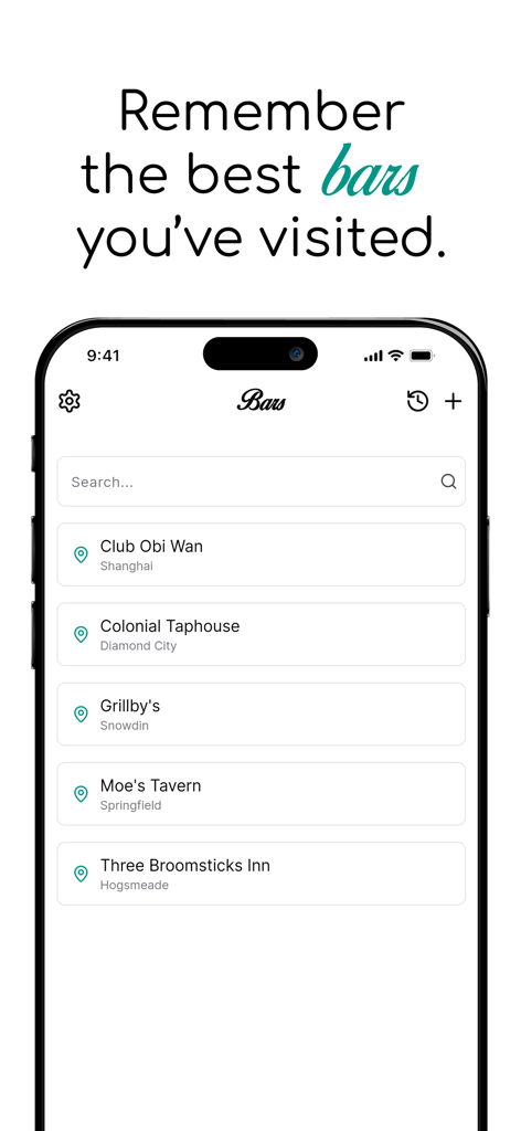 Beerstory – My beer library - Beerstory app screenshot showing a list of visited bars and taprooms with a search bar