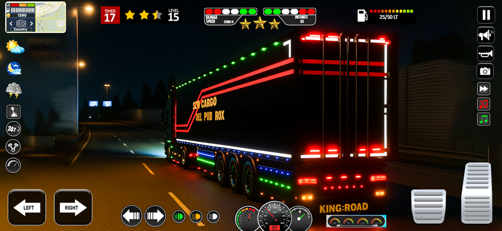 American Truck Cargo Transport - Un camión de carga negro con vibrantes luces de neón conduciendo por una autopista por la noche, mostrando controles de juego móvil y una interfaz de salpicadero detallada