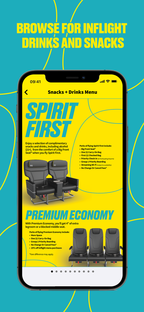 Pantalla de la app Spirit Airlines que muestra opciones de bebidas, aperitivos y asientos premium en vuelo.