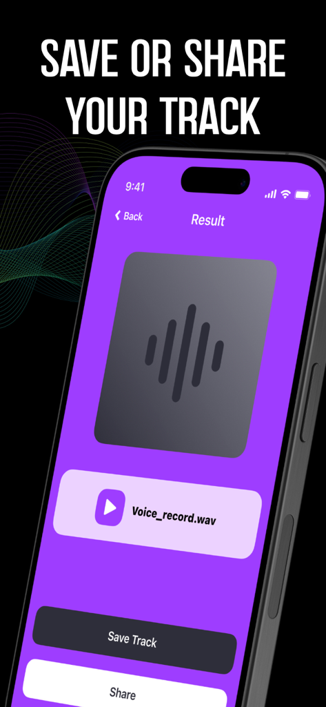 Song AI: Music & Lyrics Maker - Song AI app interface showing the results page with options to save or share a generated music track.