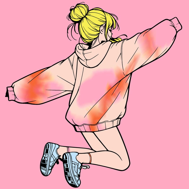 realistic girl jumping with a bun and oversized sweatshirt