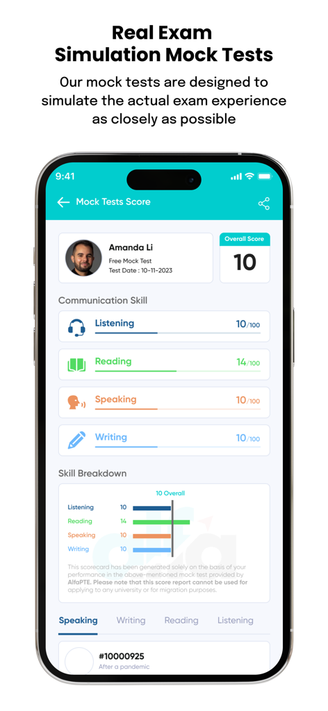 PTE Practice & Tests - AlfaPTE - A mobile screen showing a PTE mock test score report with detailed results for Listening, Reading, Speaking, and Writing sections.