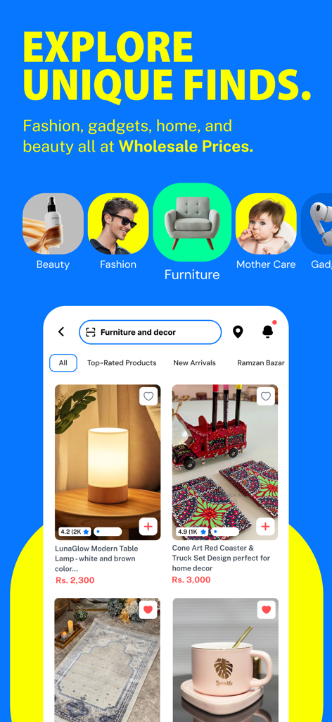 Buypass AI mobile app showing unique furniture and home decor products with shopping categories