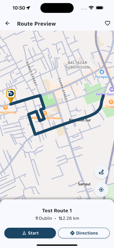 DriveSphere - Navigation map showing a driving test route preview in the DriveSphere app