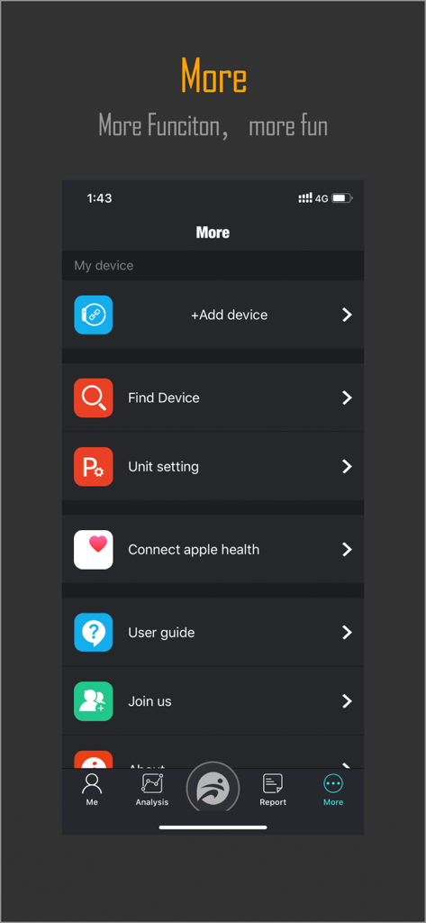 Captura de pantalla del menú de configuración de la aplicación FunDo Pro que muestra opciones para agregar un dispositivo, encontrar un dispositivo y conectarse a Apple Health.
