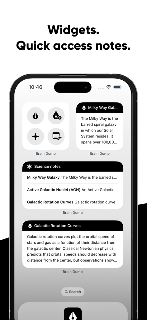 Brain Dump: Notes & Writing - iPhone home screen showing several Brain Dump app widgets for quick note access and shortcuts