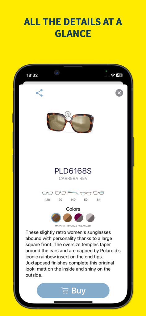Página de detalles del producto en la aplicación Safilo VTO que muestra especificaciones y colores de gafas de sol