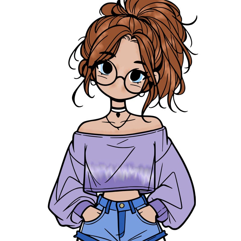 girl with a messy ponytail glasses a baggy crop top and jean shorts