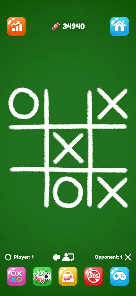 Tic Tac Toe: XOXO - A game of Tic Tac Toe in progress on a green chalkboard theme
