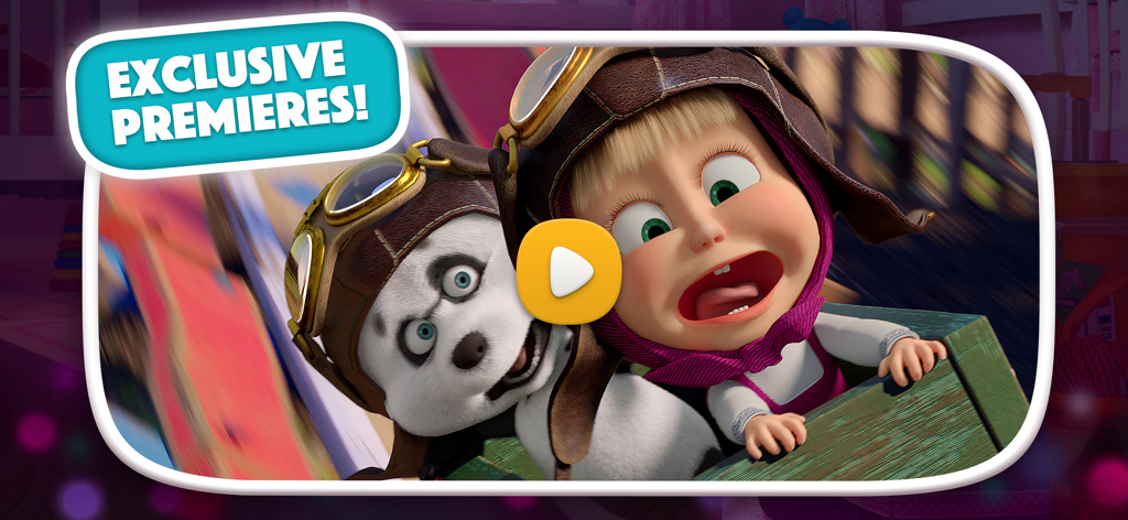 Masha and the Bear AI for Kids - Masha e Panda usando chapéus de aviador com um selo de estreias exclusivas
