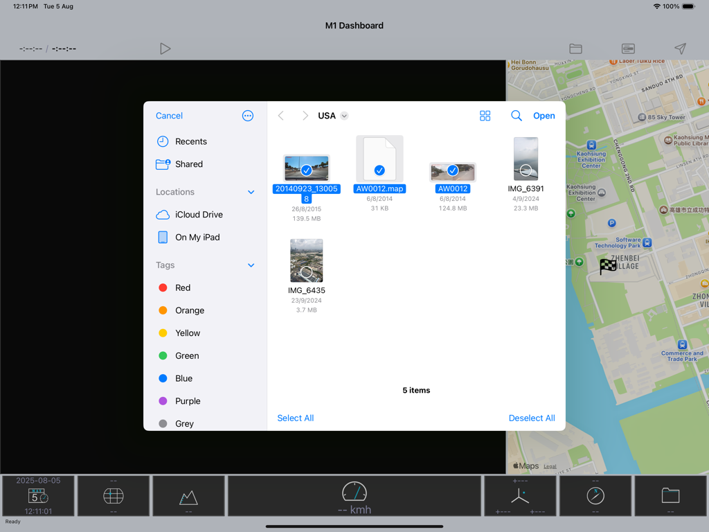 M1 Dashboard - M1 Dashboard file selection interface on iPad showing dashcam video and map data files.