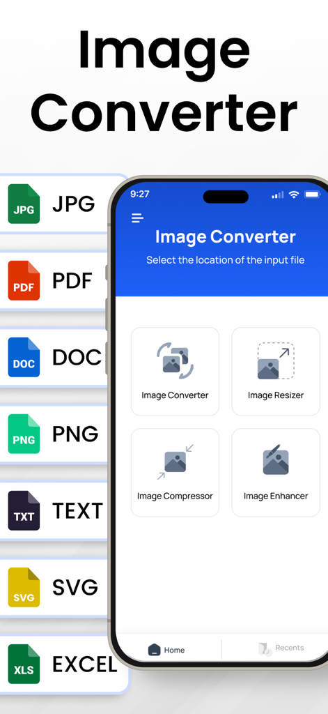 Image Converter to JPG－PDF－PNG - Mobile app interface for converting images between formats like JPG PDF and PNG with resizing and compression tools