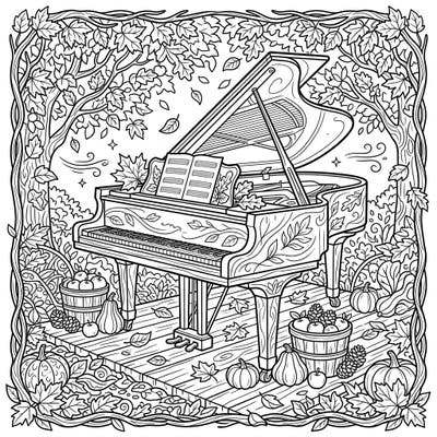 Combine your love for music and the beauty of fall with this elegant grand piano coloring page set in a charming autumn landscape. Adorned with festive leaves and harvest delights, it's perfect for a relaxing creative session.