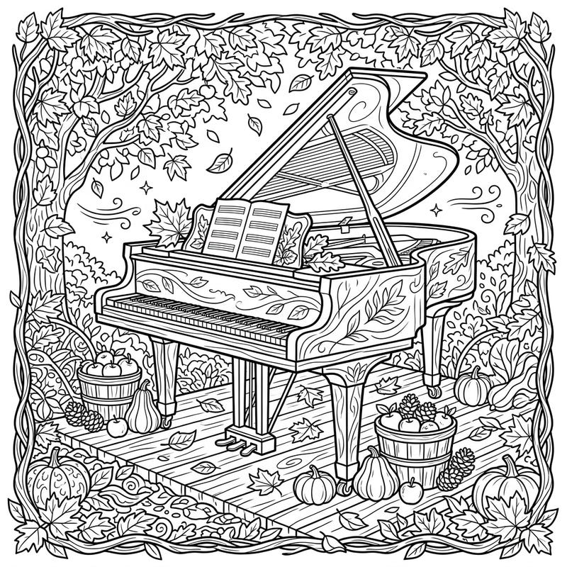 Combine your love for music and the beauty of fall with this elegant grand piano coloring page set in a charming autumn landscape. Adorned with festive leaves and harvest delights, it's perfect for a relaxing creative session.