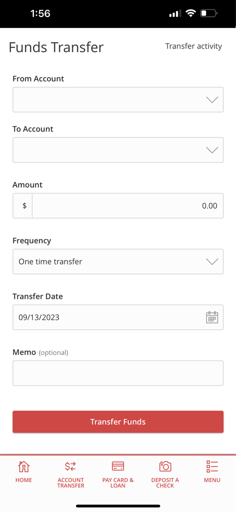 First Community CU Houston - Funds transfer screen in the First Community CU Houston app showing account selection and amount entry fields.