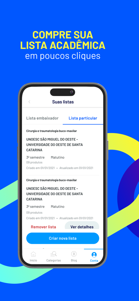 Interfaz de la aplicación Dental Speed mostrando listas de compras académicas para estudiantes de odontología