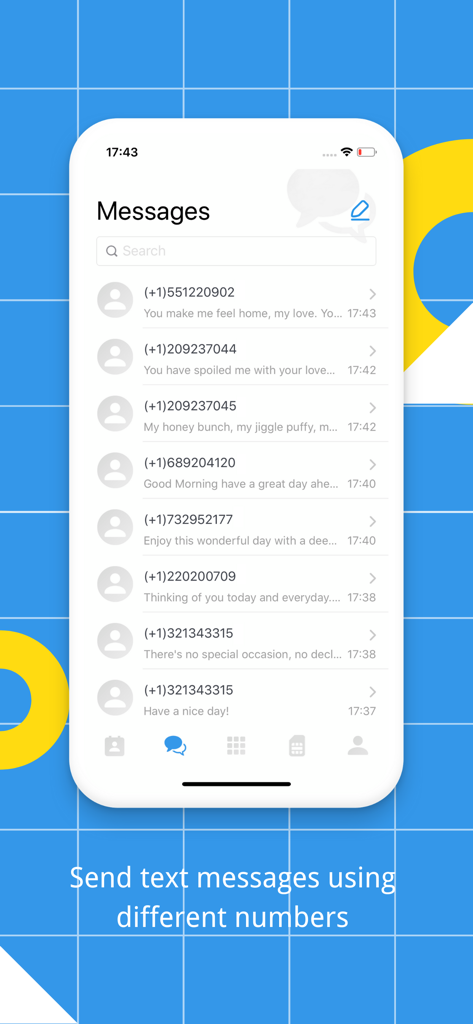 TeleMe app interface displaying a list of text messages from multiple virtual phone numbers.