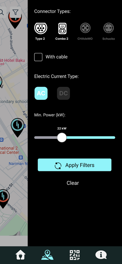 GOFAR - Filter screen in the GOFAR app showing options for EV connector types current and minimum power output