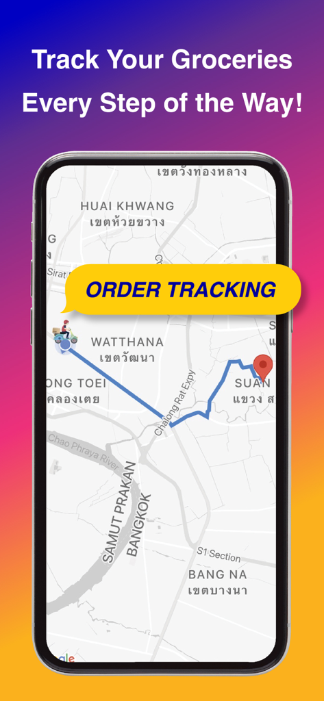 Villa Market - Villa Market mobile App, die die Echtzeit-Lieferverfolgung von Lebensmitteln auf einer Karte von Bangkok anzeigt