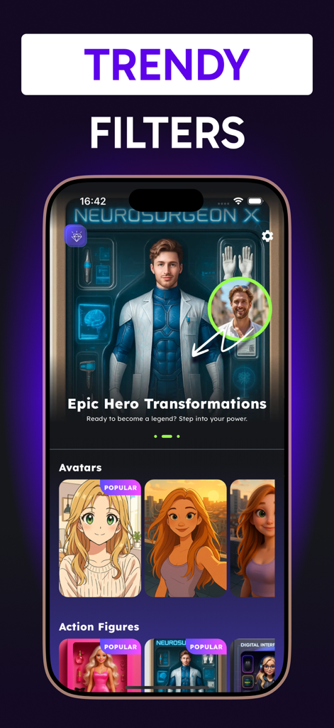3D Cartoon Photo Editor-Toonme - Screenshot der Toonme-App mit trendigen KI-Filtern für Superhelden-Transformationen und Anime-Avatare