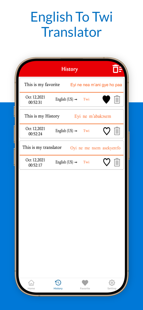 English To Twi Translator - La pantalla de historial de traducciones de la aplicación Inglés a Twi mostrando una lista de traducciones anteriores con fecha y hora