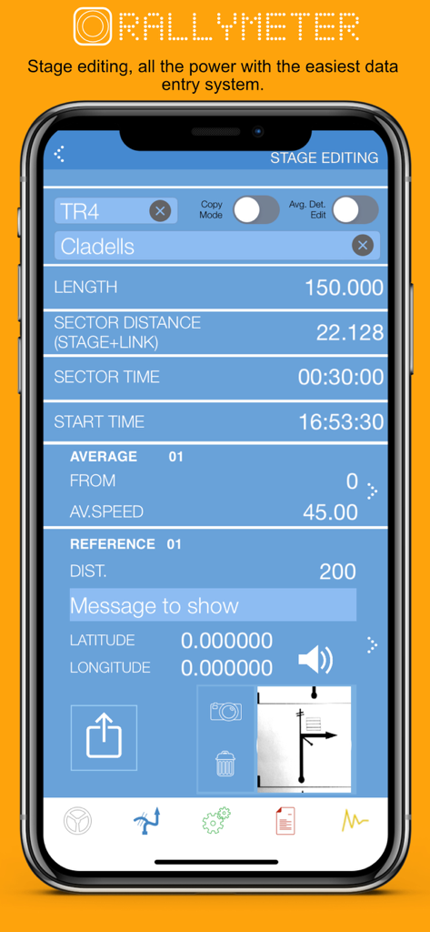 Rallymeter Pro - Rallymeter Pro mobile app interface for editing rally stage data like distance and average speed.