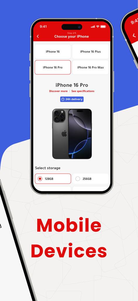 Un'interfaccia dell'app mobile di Virgin Mobile UAE che mostra le opzioni per scegliere un modello di iPhone e la capacità di archiviazione con una promessa di consegna in 24 ore.