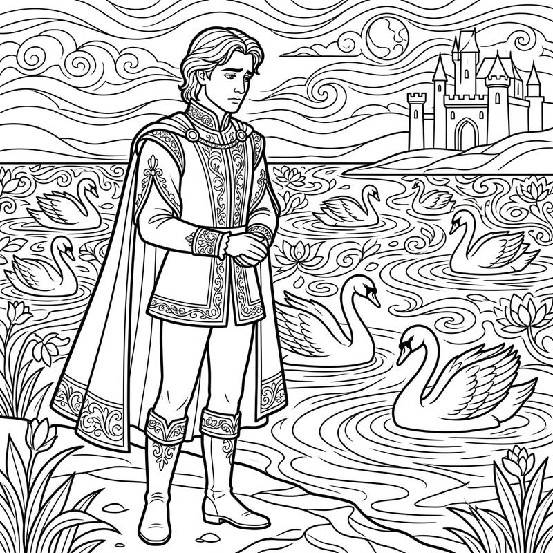 Embark on a creative journey with this beautiful Prince Siegfried coloring page from Swan Lake, thoughtfully designed for seniors. Enjoy clear, large outlines for a relaxing and accessible coloring experience.
