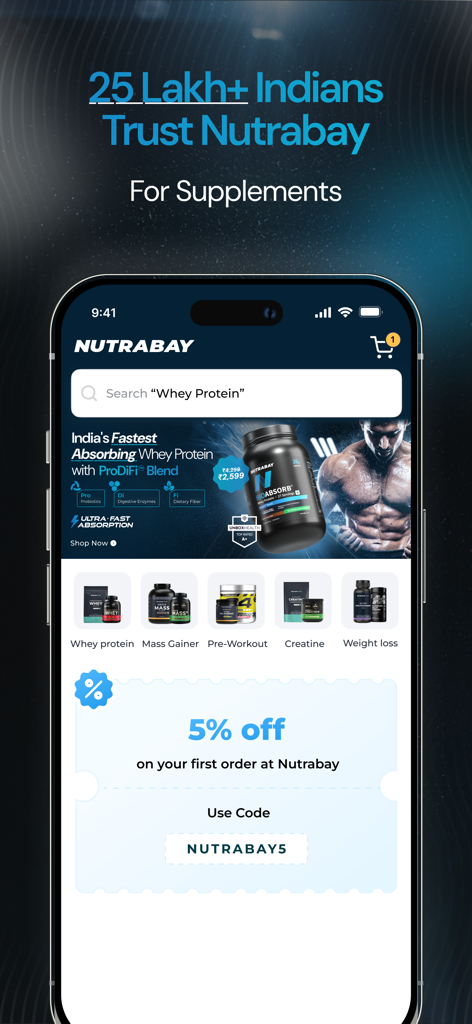 Nutrabay: Shop Supplements - Nutrabay app interface showing supplement categories and a five percent off discount coupon