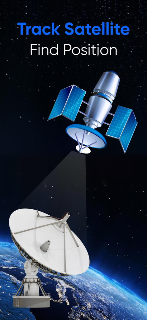 Pantalla de inicio de la aplicación Track Satellite Find Position que muestra un satélite y una antena de estación terrestre sobre la Tierra