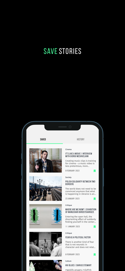 Indigo Magazine Georgia - Smartphone screen displaying the saved stories section of Indigo Magazine Georgia app with a list of curated articles.