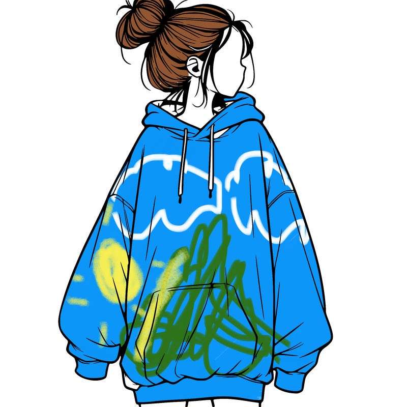 realistic girl with a oversized sweatshirt on and a bun