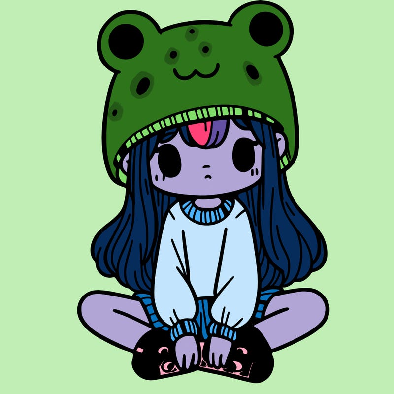 a girl wearing a frog hat and some frog socks