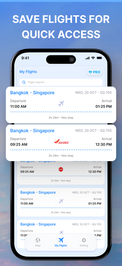Flight Tracker: Plane Finder‧ - Mobile app screen showing a list of saved flights for quick access with arrival and departure times.