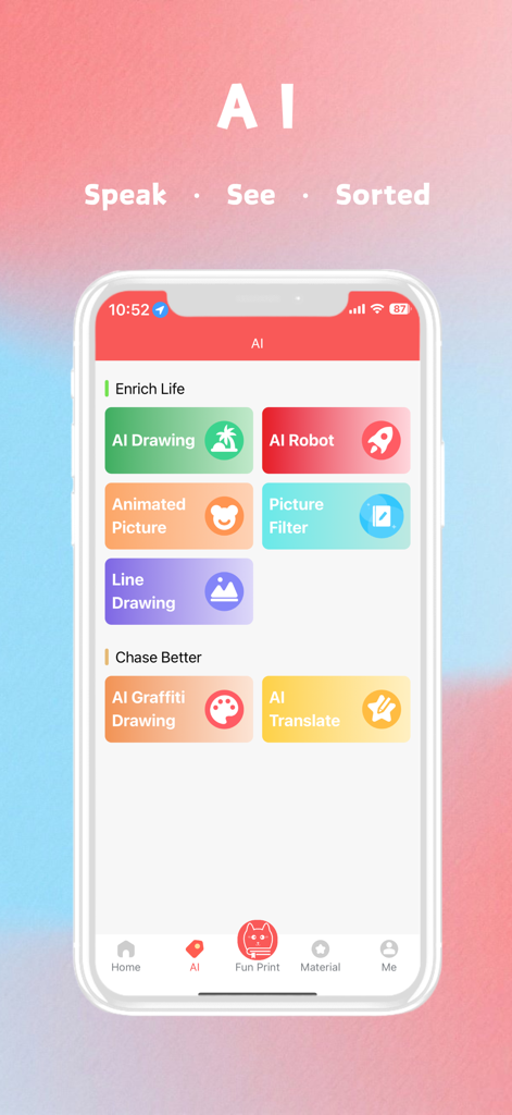 Fun Print - Fun Print app AI tools interface with options for drawing, filters, and translation.