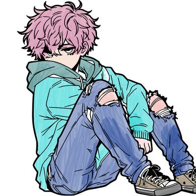 a male hoddie ripped jeans messy hair anime