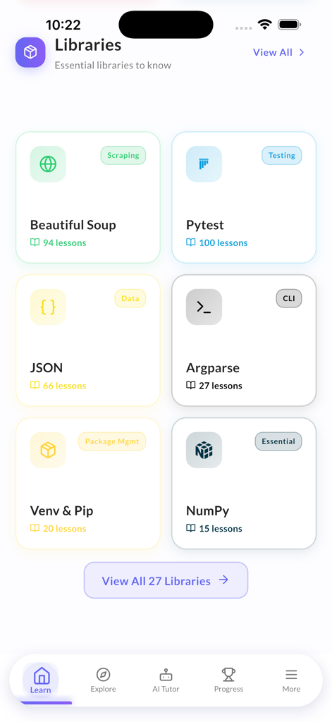 Mobile app screen showing a list of Python libraries for learning including Beautiful Soup NumPy and Pytest